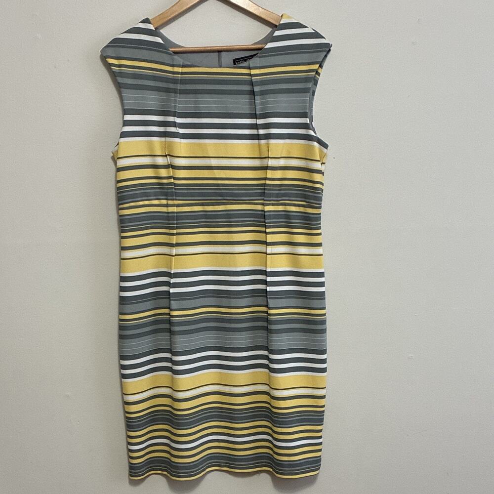 Karin Stevens Gray Yellow White Striped Sheath Dress 18 Knee Square Neck Knit